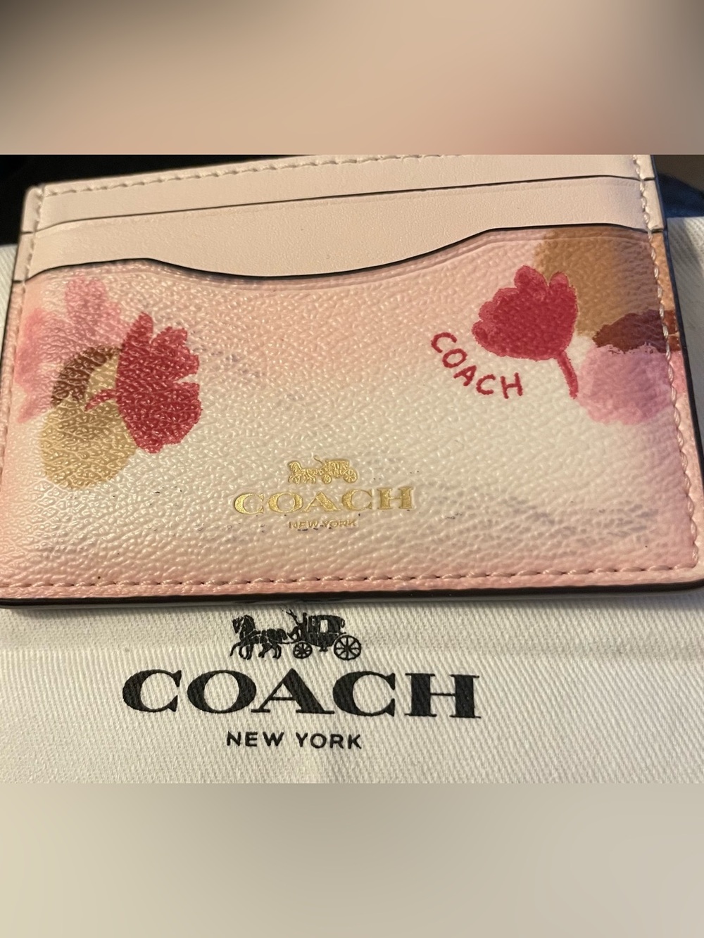 COACH Pink Floral Leather Card Holder with Gold Logo